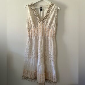 Me 2 Magic Boho Eyelet V-Neck Sleeveless Dress in Cream with Peach Accents